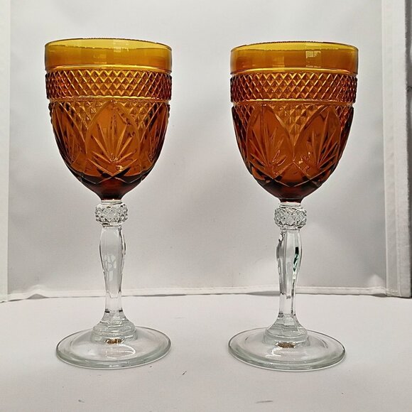 Cristal D'Arques Durand Antique Amber Glass Water Goblet Set Chalice Art Etched - Picture 1 of 3